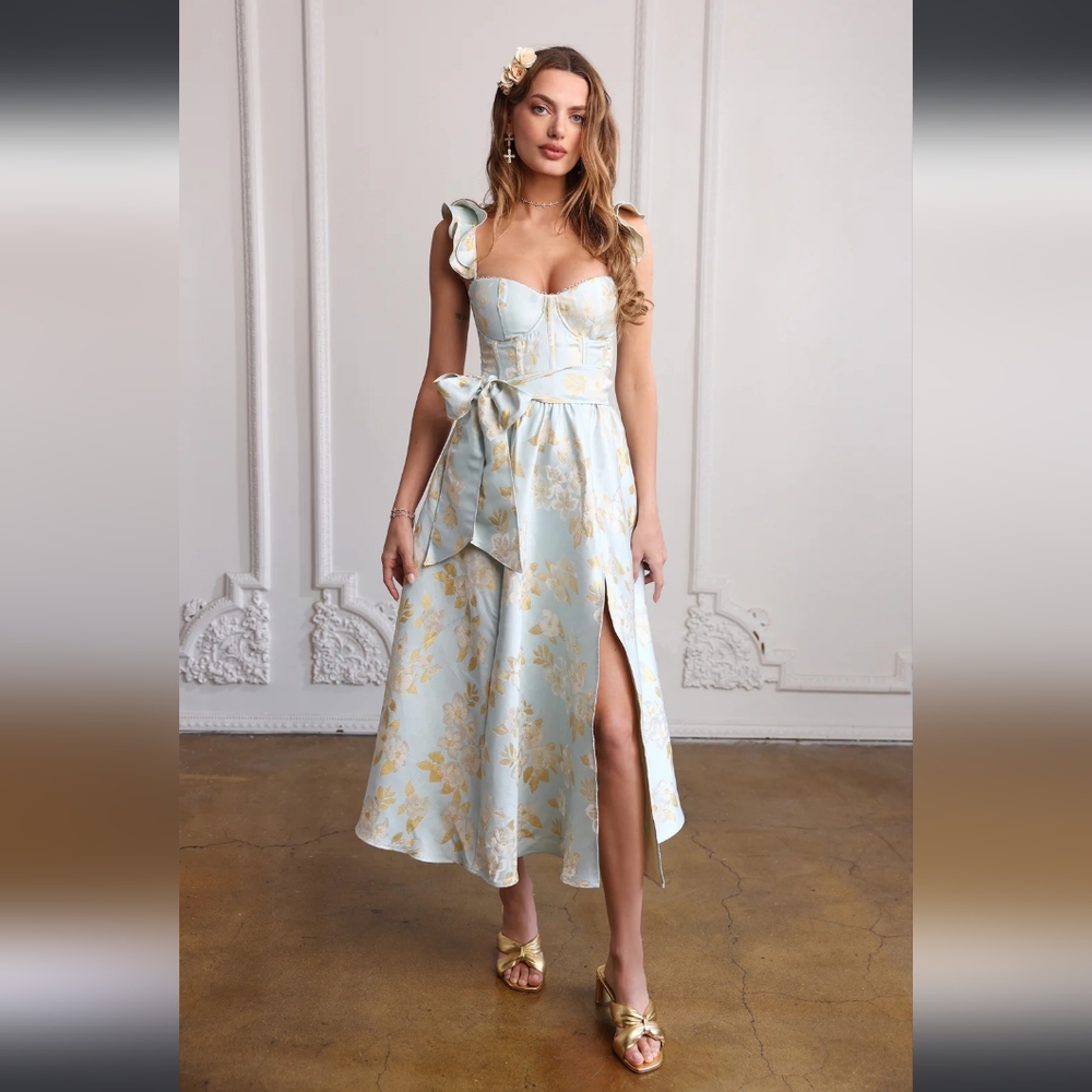 V. Chapman Vera Ruffle-Strap Corset Side-Slit Midi Dress